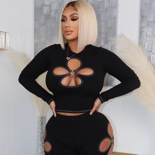 Women's Sexy Floral Cut-Out Long Sleeve Crop Top With Metal Ring Ribbed Knit Mock Neck Slim Fit Contrast Stitching Streetwear Tee