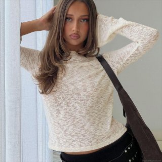 Women's Sexy Round Neck Long Flare Sleeve Hollow Out Knit Cropped Top Solid Color Breathable Slim Fit Autumn Streetwear Knitwear