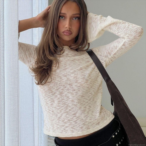 Women's Sexy Round Neck Long Flare Sleeve Hollow Out Knit Cropped Top Solid Color Breathable Slim Fit Autumn Streetwear Knitwear