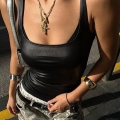 Women's Sexy U-Neck Cropped Tank Top Glossy PU Coating Slim Fit Sleeveless Streetwear Vest For Summer Solid Color Clubwear Fashion