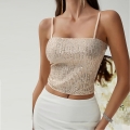 Women Sexy Sequined Camisole Top Backless Spaghetti Strap Tank Top Shiny Sparkle Short Crop Top For Party Vacation Summer Club Champagne Gold Sleeveless