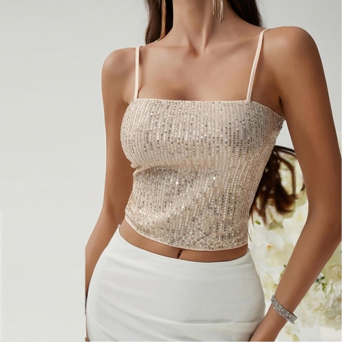 Women Sexy Sequined Camisole Top Backless Spaghetti Strap Tank Top Shiny Sparkle Short Crop Top For Party Vacation Summer Club Champagne Gold Sleeveless