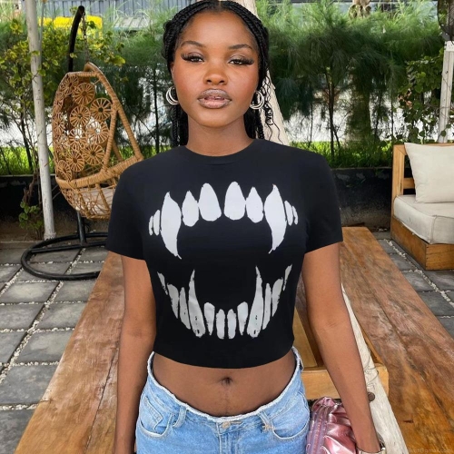 Women's Streetwear Crop Top T-Shirt Cotton Blend Graphic Fang Teeth Print Round Neck Short Sleeve Slim Fit Summer Casual Tee Gothic Style Harajuku Fashion Apparel