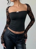 Women's Sexy Black Slim Fit Lace Long Sleeve T-Shirt With White Bow Square Neck See-Through Cropped Top Party Streetwear Clubwear