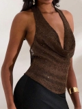 Women Sexy Sequin Halter Top Deep V Neck Backless Draping Knitted Tank Top For Party Clubwear Solid Coffee Color Polyester Shimmering Camisole