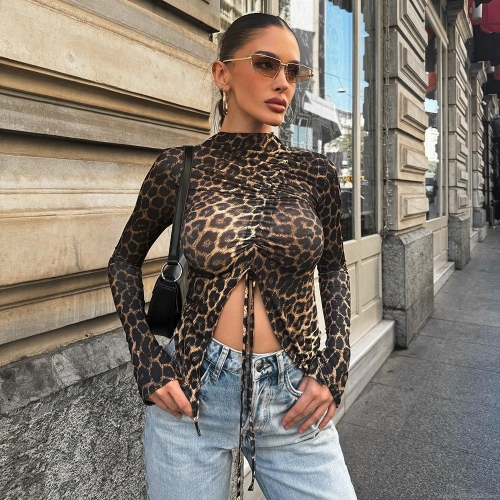 Women's Leopard Print Long Sleeve T-Shirt Sexy Front Drawstring Ruched Tight Fit Knitted Elastic Crop Top With Side Slit Streetwear For Women