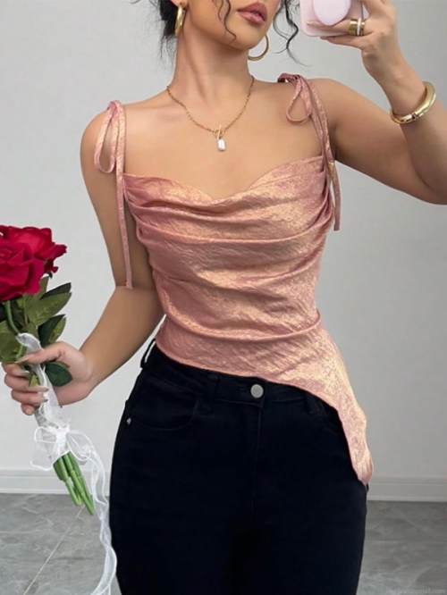 Women Sexy Metallic Shimmer Cowl Neck Camisole Top Irregular Hem Back Smocking Adjustable Tie-up Spaghetti Strap Crop Top For Party Clubwear