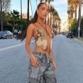 Women Sexy Camouflage Halter Neck Camisole Cross Strappy Pointed Hem Cotton Cropped Top Y2K Streetwear Outwear Clubwear Summer