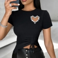 Women's Heart Cut Out Rhinestone T-Shirt Sexy Slim Fit Drawstring Ruched Short Sleeve Crop Top Streetwear Tee For Lady