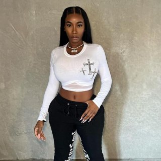 Gothic Cross Print Long Sleeve Crop Top Mesh Patchwork Sexy Streetwear Slim Fit T-Shirt Round Neck White Polyester Spandex Tee For Women