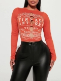 Women's Sexy Orange Long Sleeve Crop Top CVC Vintage Letter Print Hollow Out Slim Fit Round Neck Streetwear T-Shirt