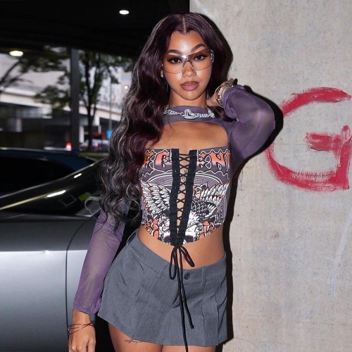 Women's Y2K Purple Mesh Long Sleeve Crop Top Gothic Skull Rose Print Bandage Lacing Streetwear Sexy Clubwear Party Top