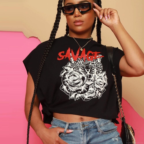 Women's Savage Leopard Rose Print Sexy Crop Top Short Sleeve Round Neck Streetwear Slim Fit Cotton Blend T-Shirt Top