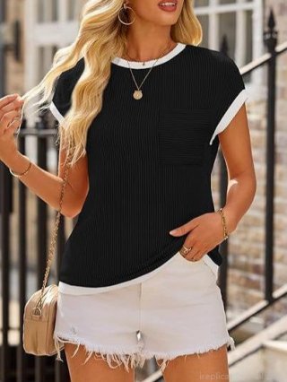 Women's Short Sleeve T-Shirt Ribbed Knit Color Block Contrast Trim Crew Neck Casual Loose Summer Tee Top With Chest Pocket