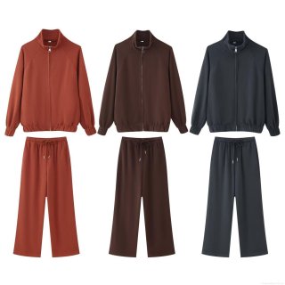 Women's 2 Piece Tracksuit Set Polyester Stand Collar Zipper Sweatshirt and Wide Leg Long Pants Casual Streetwear Solid Color Autumn Winter Outfits