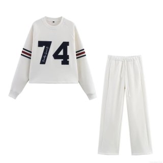 Women's Casual Cotton Blend Tracksuit Set Number 74 Printed Striped Long Sleeve Sweatshirt and Wide Leg Drawstring Joggers Sweatpants Two Piece Lounge Set Streetwear