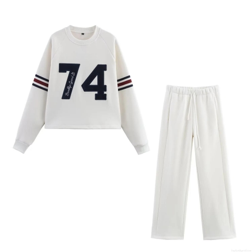 Women's Casual Cotton Blend Tracksuit Set Number 74 Printed Striped Long Sleeve Sweatshirt and Wide Leg Drawstring Joggers Sweatpants Two Piece Lounge Set Streetwear