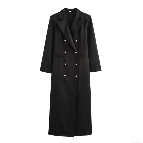 Women's Extra Long Trench Coat Oversized Double Breasted Blazer Jacket With Shoulder Pads Professional Street Style Black Overcoat For Autumn Winter