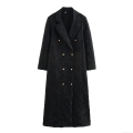 Women's Sophisticated Black Jacquard Double Breasted Trench Coat With Suit Collar Gold Buttons Long Sleeve Loose Fit Extra Long Overcoat Fall Winter