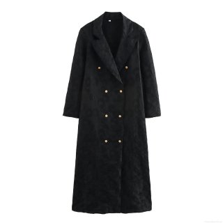 Women's Sophisticated Black Jacquard Double Breasted Trench Coat With Suit Collar Gold Buttons Long Sleeve Loose Fit Extra Long Overcoat Fall Winter