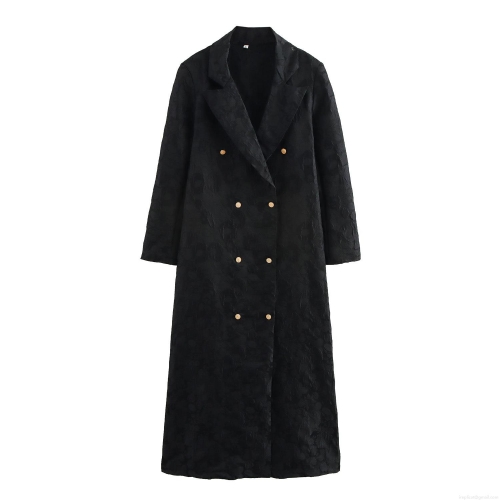 Women's Sophisticated Black Jacquard Double Breasted Trench Coat With Suit Collar Gold Buttons Long Sleeve Loose Fit Extra Long Overcoat Fall Winter