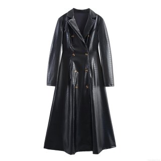 Women's Long PU Leather Trench Coat Crocodile Embossed Double Breasted Slim Fit Jacket Suit Collar Retro Streetwear Outerwear