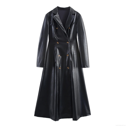 Women's Long PU Leather Trench Coat Crocodile Embossed Double Breasted Slim Fit Jacket Suit Collar Retro Streetwear Outerwear