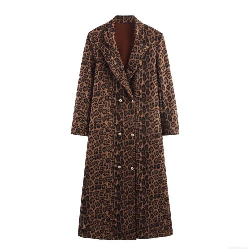Women's Leopard Print Faux Suede Trench Coat Double-Breasted Long Loose Overcoat Vintage British Style Windbreaker For Autumn Winter Commuting