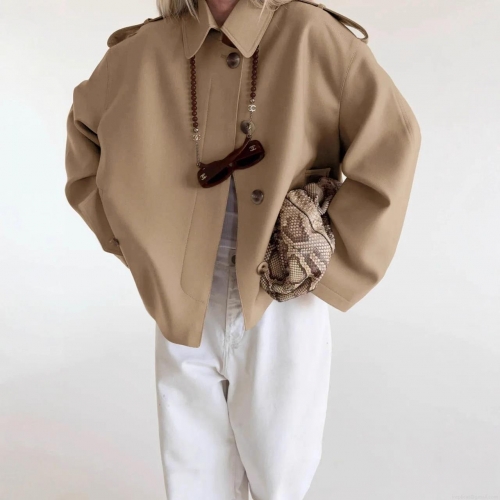 Women's Short Trench Coat Jacket With Tie Waist Belt Polyester Windproof Lapel Epaulettes Minimalist British Style Autumn Commuter Outerwear