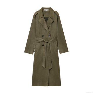 Women's Faux Suede Trench Coat Double Breasted Long Jacket With Belt Epaulettes Solid Color Olive Long Sleeve Windbreaker For Women Commuter Elegant Outerwear