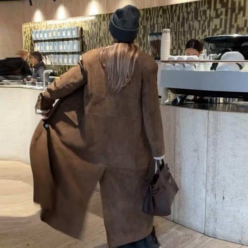 Women's Long Faux Suede Trench Coat Vintage British Style Double Breasted Suit Collar Loose Overcoat Warm Windproof Jacket For Women Streetwear