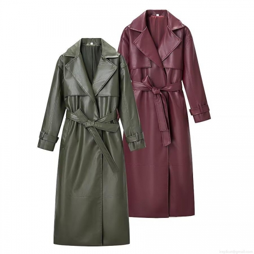 Women Long PU Leather Coat Double Breasted Waist Tie Faux Leather Trench Coat Windbreaker Autumn Winter Streetwear Jacket Army Green Wine Red