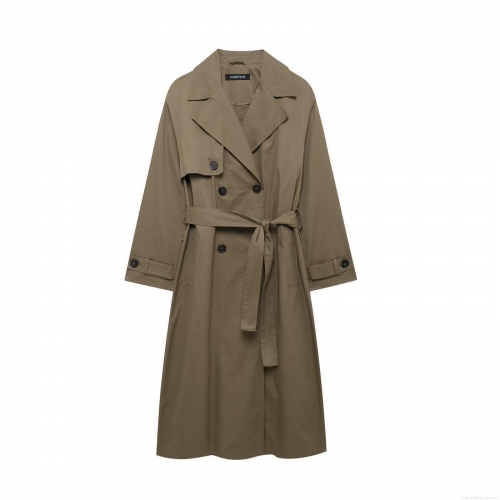 Women's Classic Double Breasted Long Trench Coat With Belt Solid Color Lapel Long Sleeve Windbreaker Polyester Jacket For Autumn Winter Streetwear
