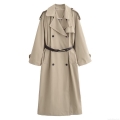 Women's Autumn Long Double Breasted Trench Coat With Faux Leather Belt Loose Fit Lapel Long Sleeve Polyester Twill Windbreaker For Women Casual Streetwear