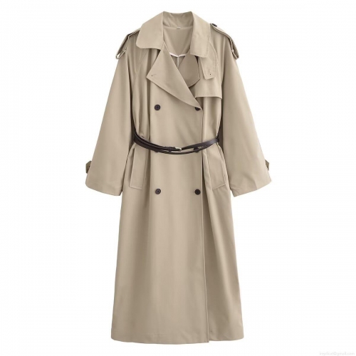 Women's Autumn Long Double Breasted Trench Coat With Faux Leather Belt Loose Fit Lapel Long Sleeve Polyester Twill Windbreaker For Women Casual Streetwear