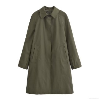 Women Fashion Solid Olive Green Long Trench Coat 100% Polyester Lapel Raglan Sleeve Hidden Button Overcoat Casual Streetwear Loose Windbreaker Jacket For Women