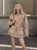 Women's Utility Trench Coat Long Sleeve Drawstring Waist Windbreaker Jacket With Faux Leather Contrast Collar Cargo Pockets Streetwear Outerwear For Spring Autumn