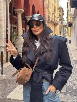 Women's Short Trench Coat Jacket 100% Polyester Double Breasted Lapel Windbreaker With Belt Streetwear Casual Fashion Outerwear For Ladies