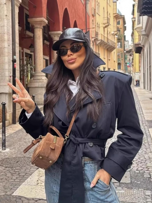 Women's Short Trench Coat Jacket 100% Polyester Double Breasted Lapel Windbreaker With Belt Streetwear Casual Fashion Outerwear For Ladies