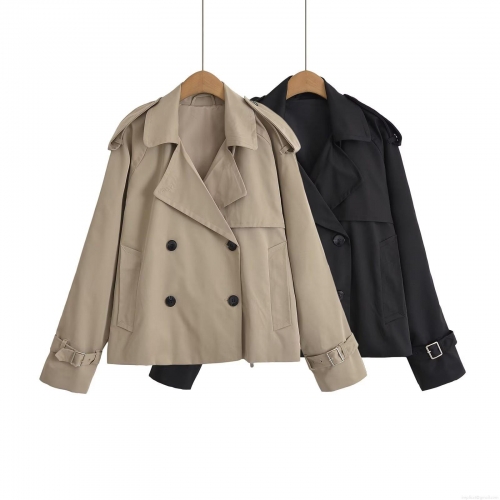 Women's Short Trench Coat 100% Polyester Double Breasted Lapel Windbreaker With Epaulettes Adjustable Cuffs Casual Streetwear Jacket For Spring Autumn Women Outerwear