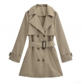 Women's Mid-Length Trench Coat 100% Polyester Double-Breasted Windproof With Belt For Autumn Daily Street Style Elegant Khaki Overcoat