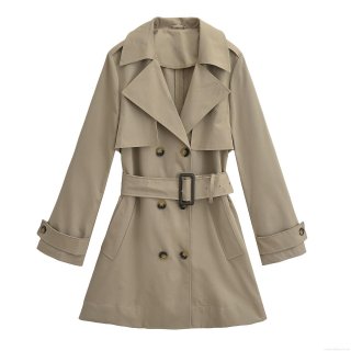 Women's Mid-Length Trench Coat 100% Polyester Double-Breasted Windproof With Belt For Autumn Daily Street Style Elegant Khaki Overcoat