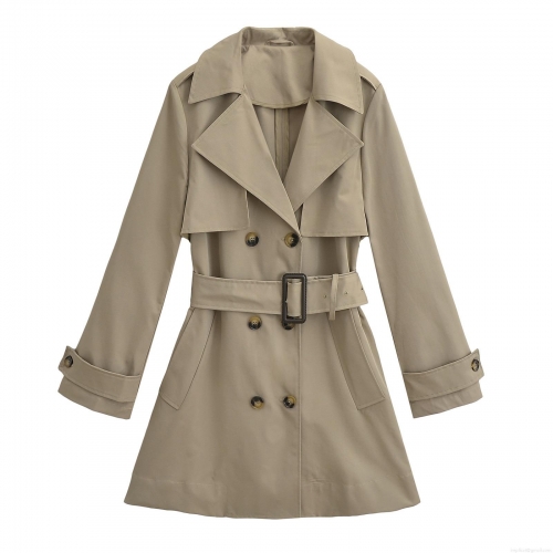 Women's Mid-Length Trench Coat 100% Polyester Double-Breasted Windproof With Belt For Autumn Daily Street Style Elegant Khaki Overcoat