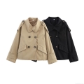 Women's Casual Short Double Breasted Trench Coat Jacket With Epaulettes Lapel Long Sleeve Windbreaker Outerwear For Women