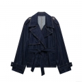 Women's Denim Short Trench Coat Polyester Lapel Long Sleeve Belted Waist Jacket Streetwear Casual Outerwear For Autumn Spring