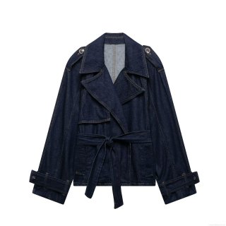Women's Denim Short Trench Coat Polyester Lapel Long Sleeve Belted Waist Jacket Streetwear Casual Outerwear For Autumn Spring