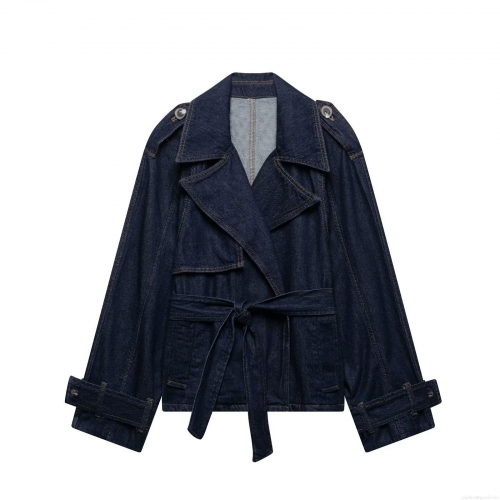 Women's Denim Short Trench Coat Polyester Lapel Long Sleeve Belted Waist Jacket Streetwear Casual Outerwear For Autumn Spring