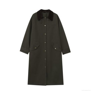 Women's European Style Long Trench Coat Single Breasted Loose Fit Windproof Jacket With Corduroy Lapel Collar And Large Pockets For Autumn Streetwear