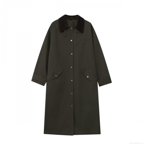 Women's European Style Long Trench Coat Single Breasted Loose Fit Windproof Jacket With Corduroy Lapel Collar And Large Pockets For Autumn Streetwear