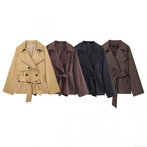 Women's Short Trench Coat Jacket With Belt Solid Color Lapel Double Breasted Outerwear Fall Streetwear Casual Windbreaker For Women